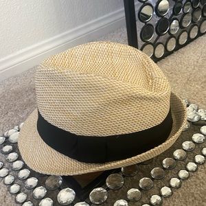 Tan and black wooven fedora hat. Unisex.